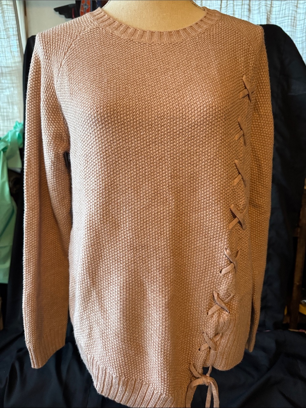 Women’s Crewneck Knit Sweater with Side Lace-Up Detail - Dusty Rose